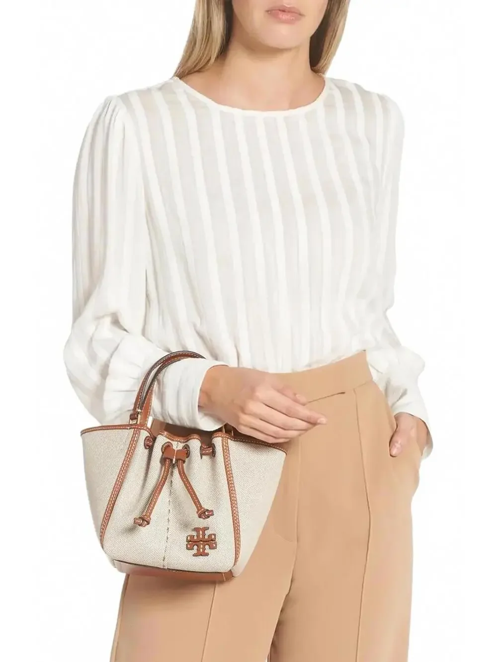 Tory Burch McGraw Mini Canvas Drawstring Satchel Crossbody Bag Natural Brown